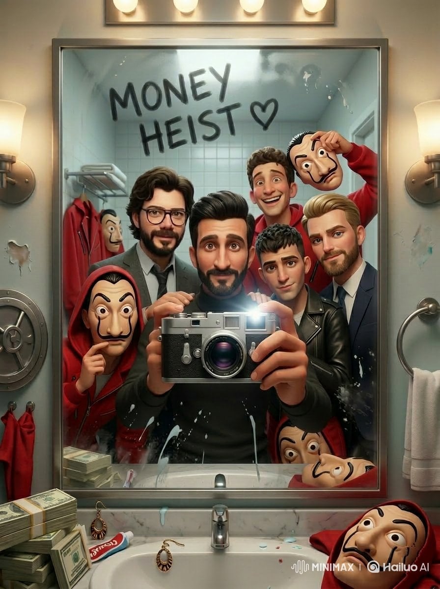 Cinematic mirror selfie scene inspired by a retro 80s sci-fi horror vibe, a group of teenagers and a photogra…