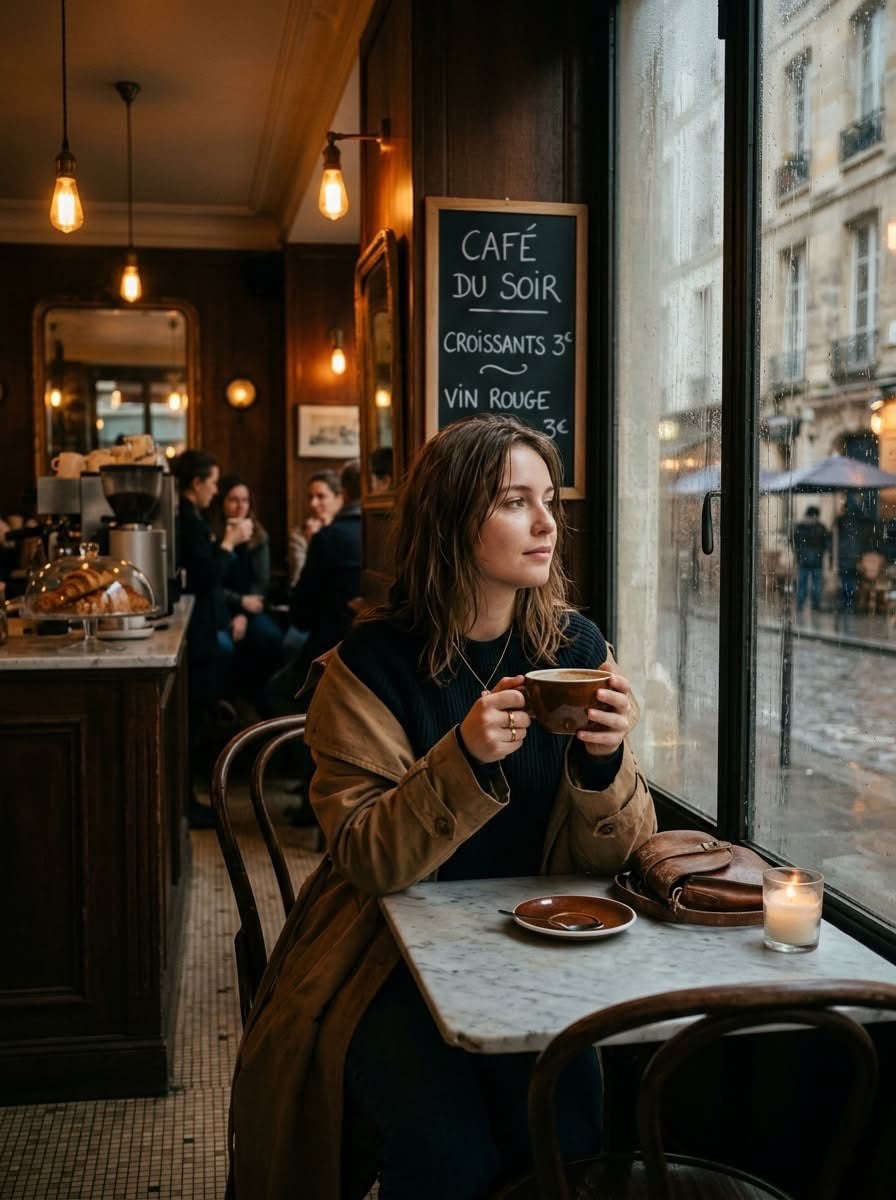 Cinematic photo of a young woman sitting alone in a cozy Parisian café on a rainy day, holding a cup of coffe…