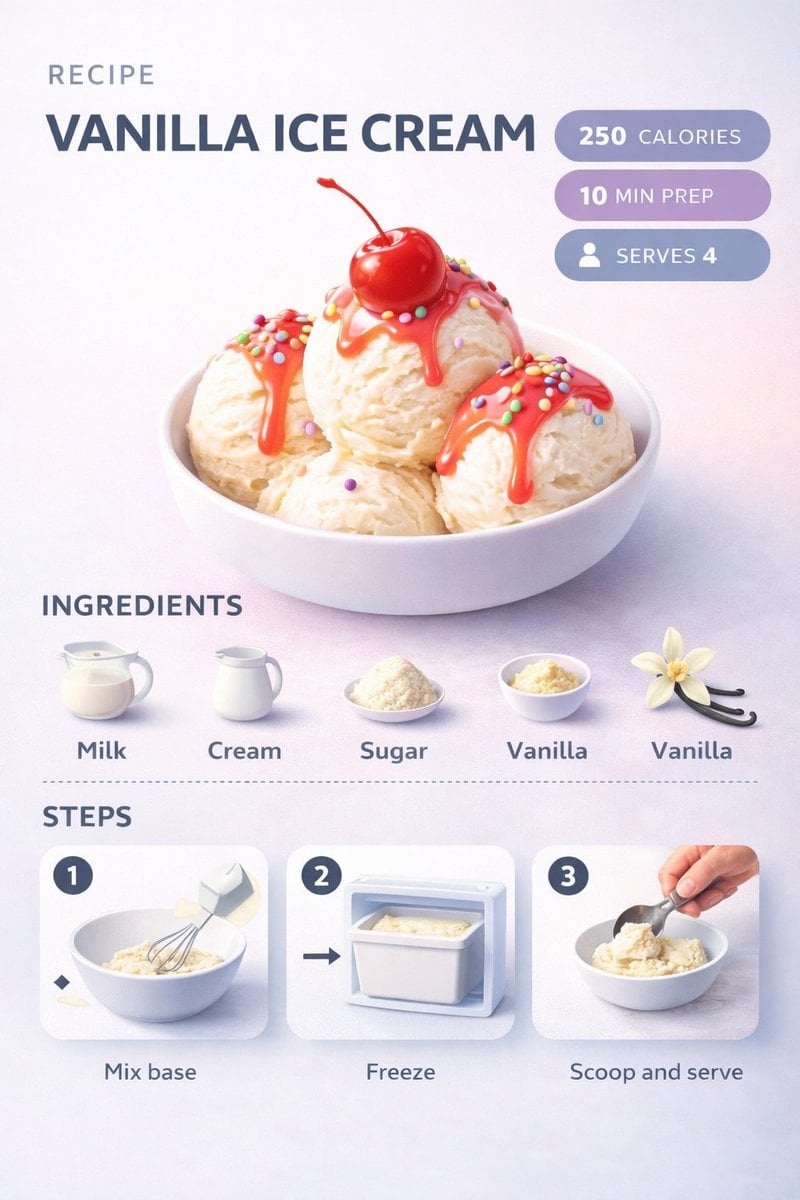 Ultra-clean modern recipe infographic. Showcase Vanilla Ice Cream Sco…