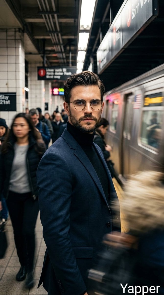 Cinematic portrait of a stylish man standing on a busy subway platfor…