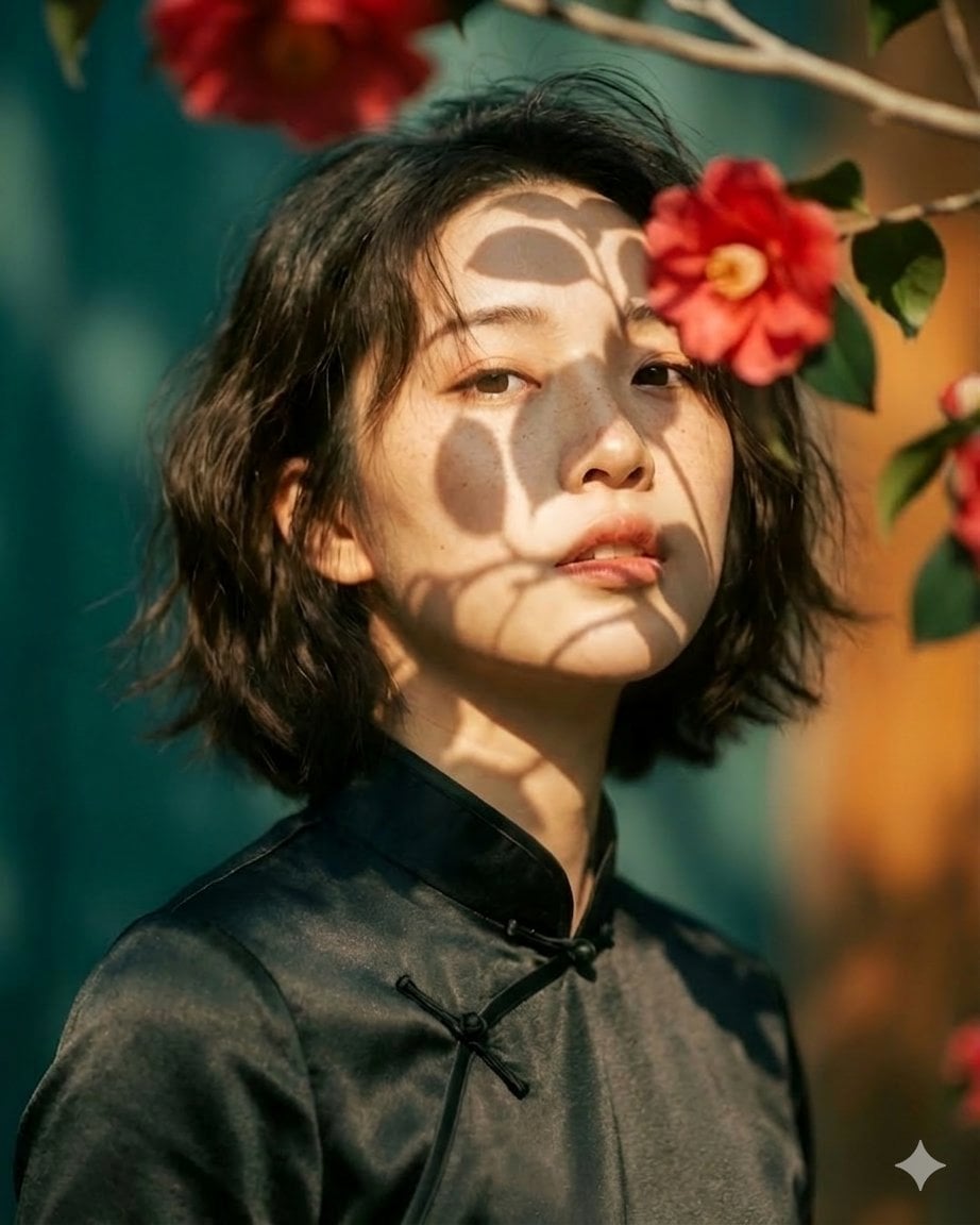 Artistic portrait of an elegant Asian woman wearing a black silk cheo…