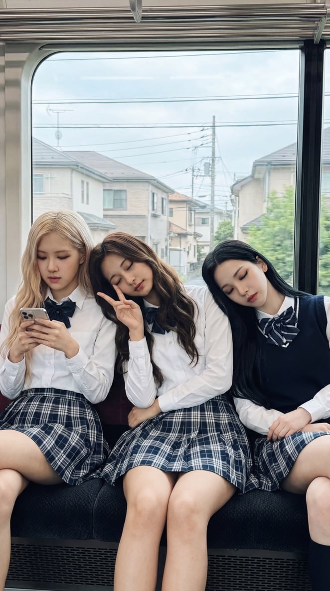Three K-pop idols sitting on a train. Left girl is Rosé with pale ski…