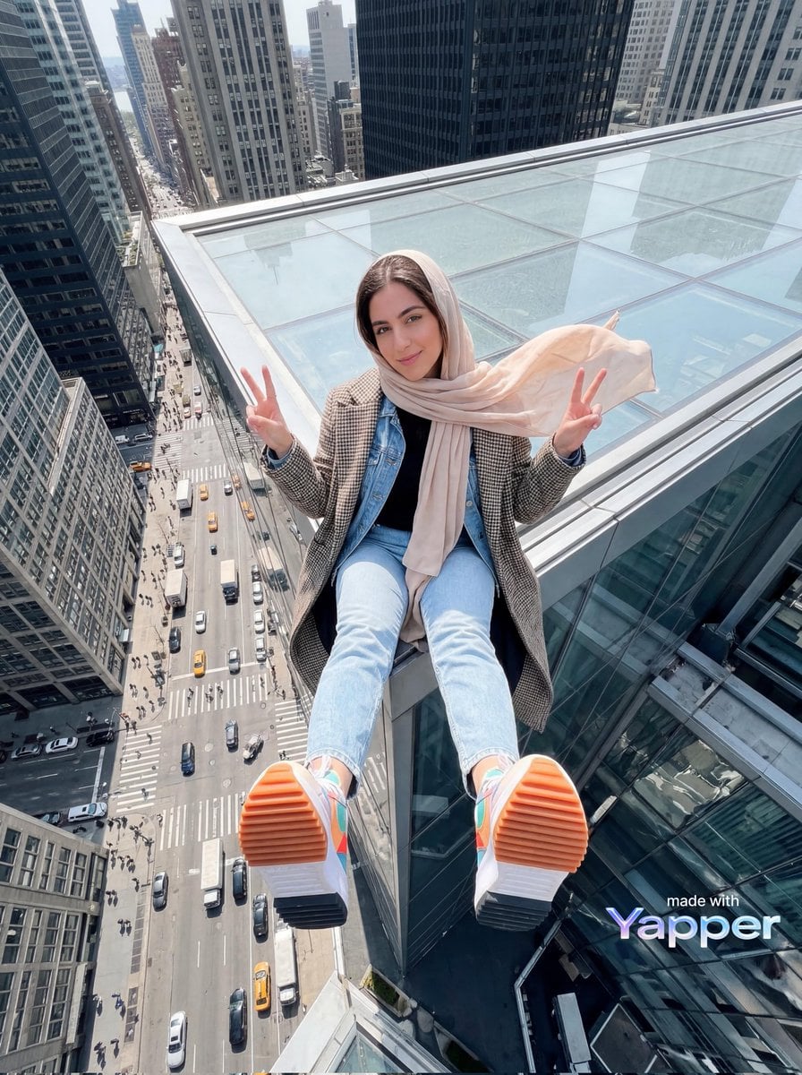 image generation young woman sitting at the edge of a skyscraper roof…