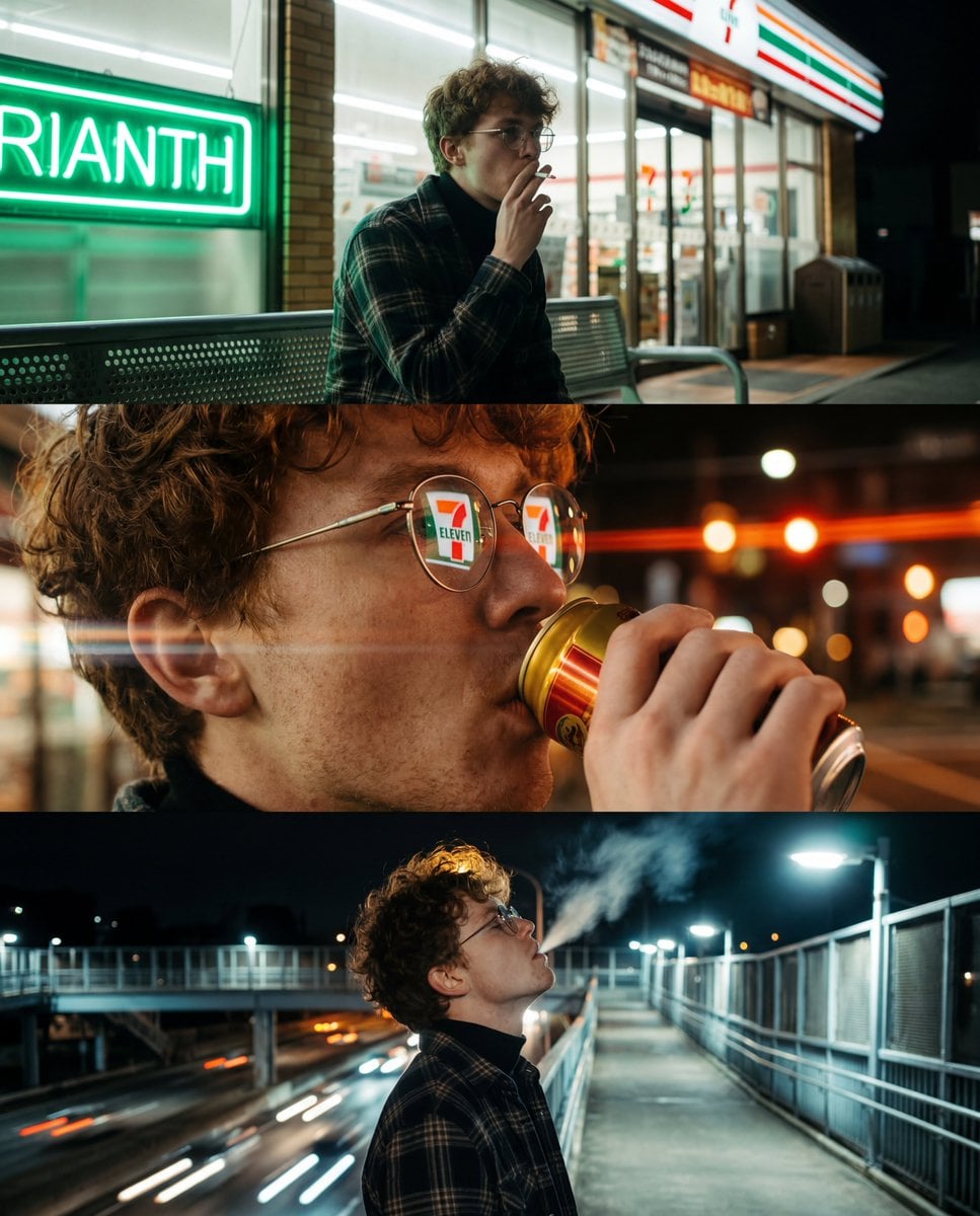 A vertical triptych of three cinematic, night-time urban photographs…