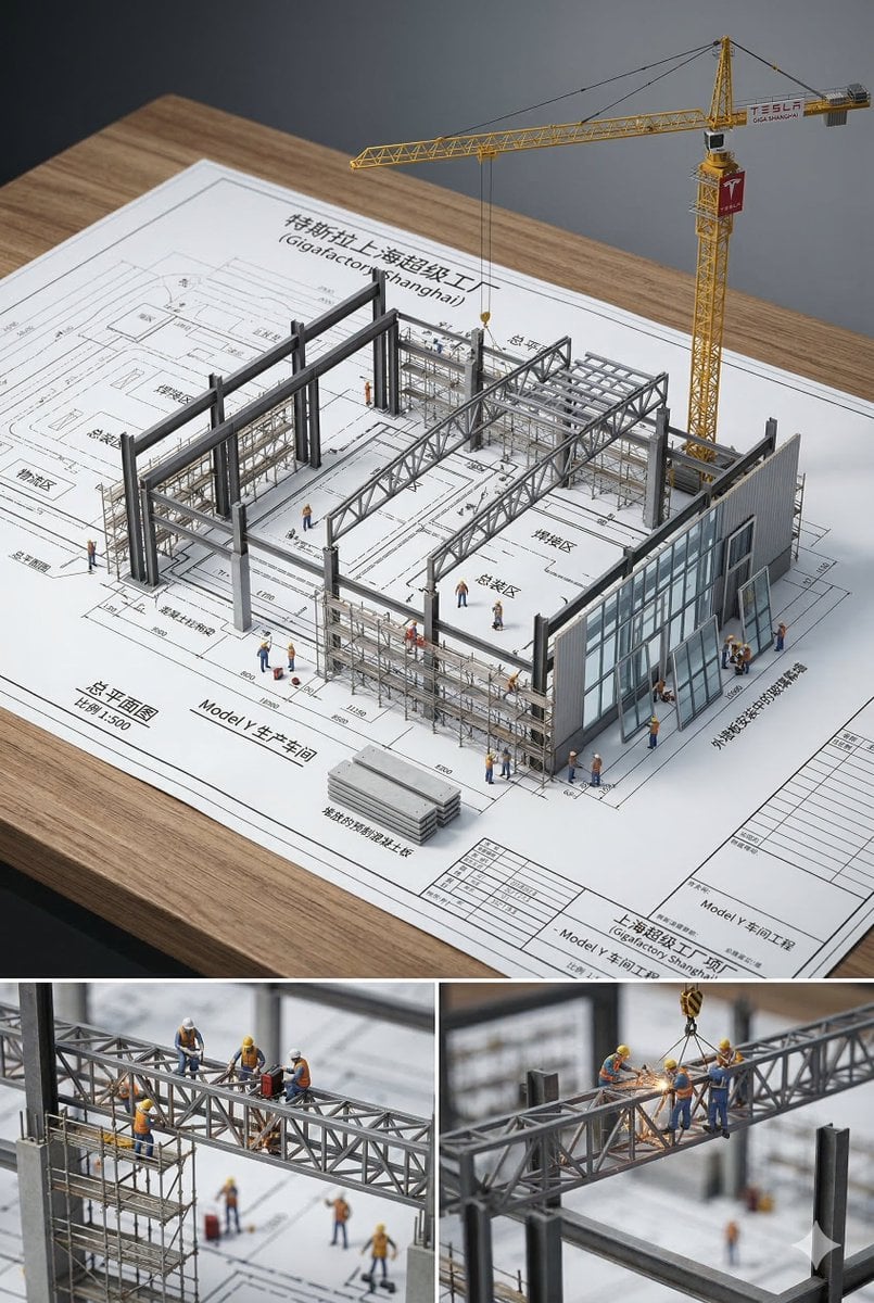 An architectural blueprint of {BUILDING_NAME} placed on a {SURFACE}, with a photorealistic miniature under-co…