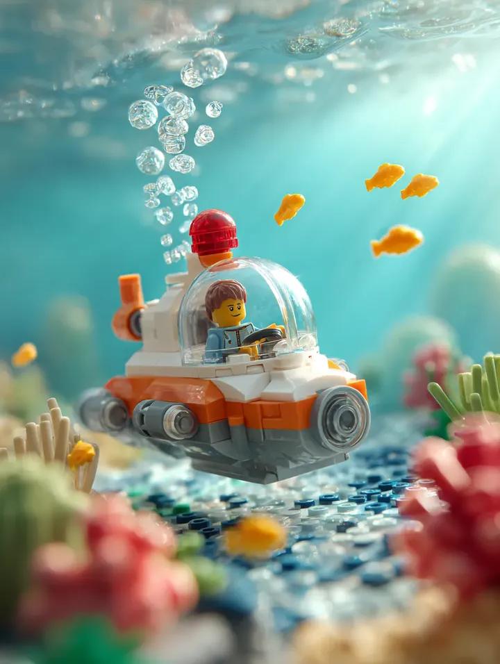 Surrounding the submarine are multiple small bright yellow LEGO fish…