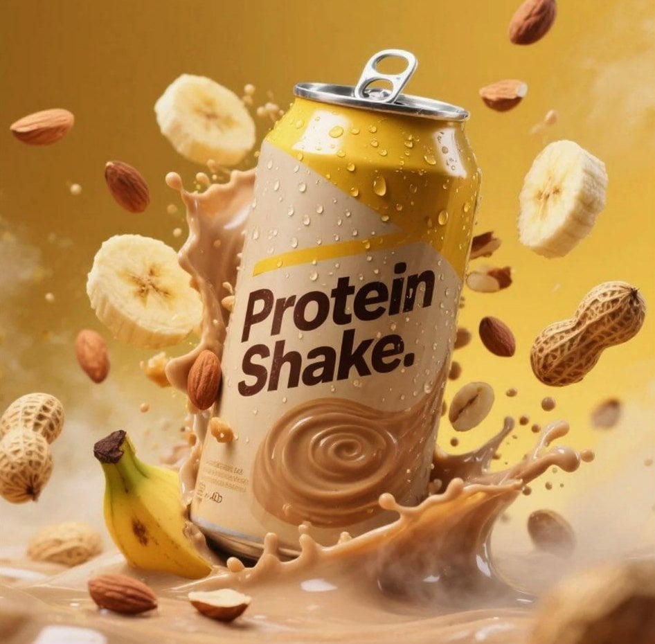 Hyper-realistic product advertisement of a protein shake can with yel…