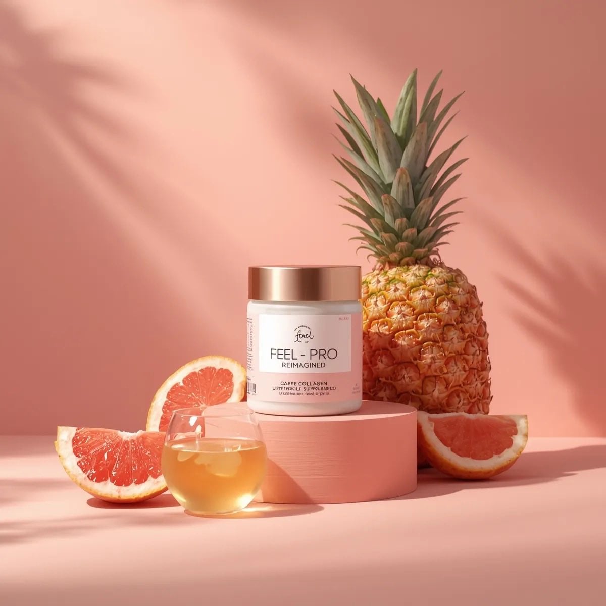 Minimalist luxury product photography of a collagen supplement jar pl…