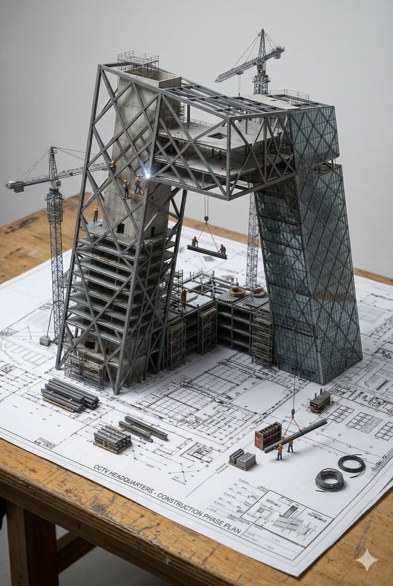 An architectural blueprint of {BUILDING_NAME} placed on a {SURFACE}, with a photorealistic miniature under-co…