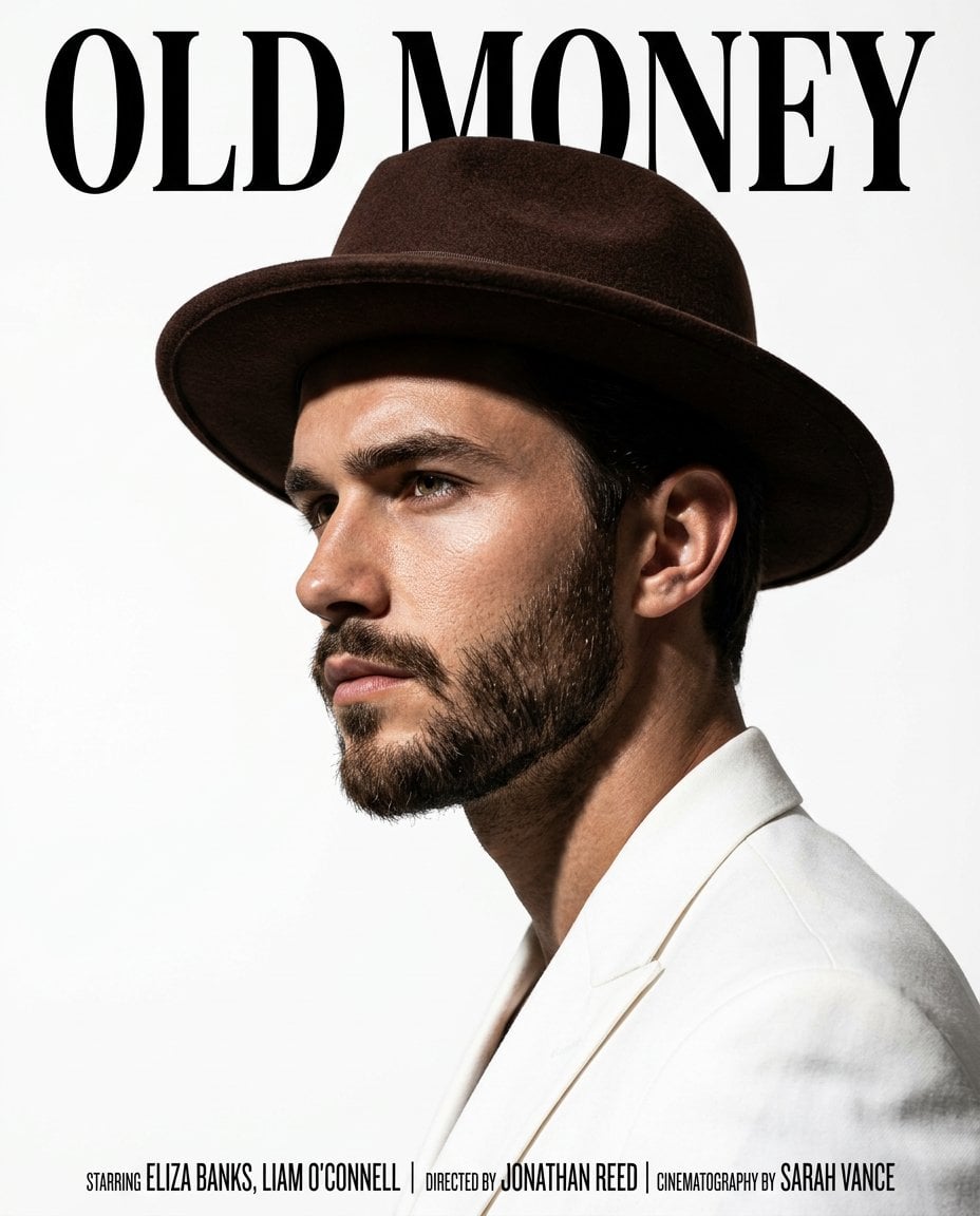 A cinematic magazine-style portrait of a handsome man in side profile, wearing a brown felt fedora hat and a…