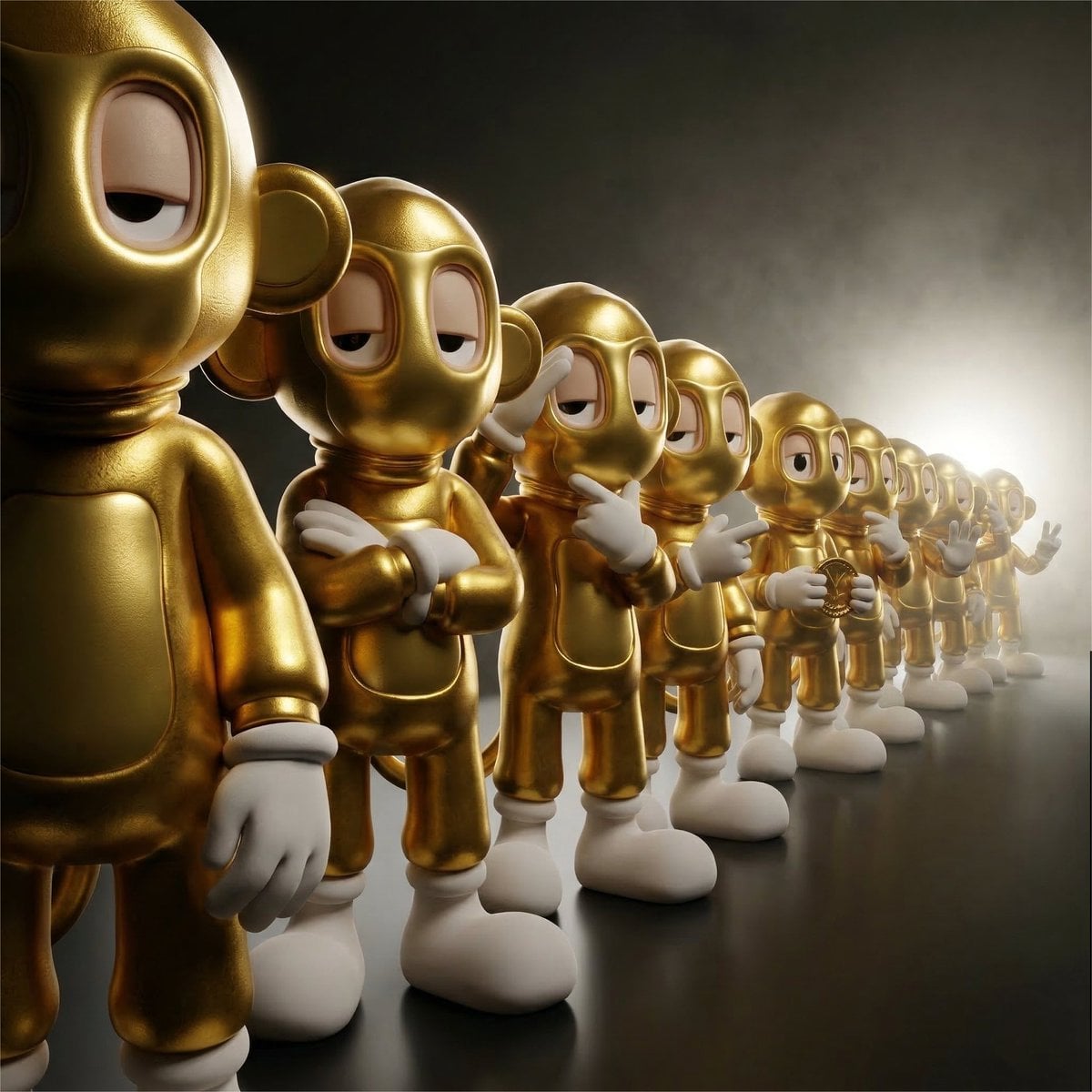 A detailed, collectible-style 3D render of a linear procession of twelve identical figures, viewed in a dynam…