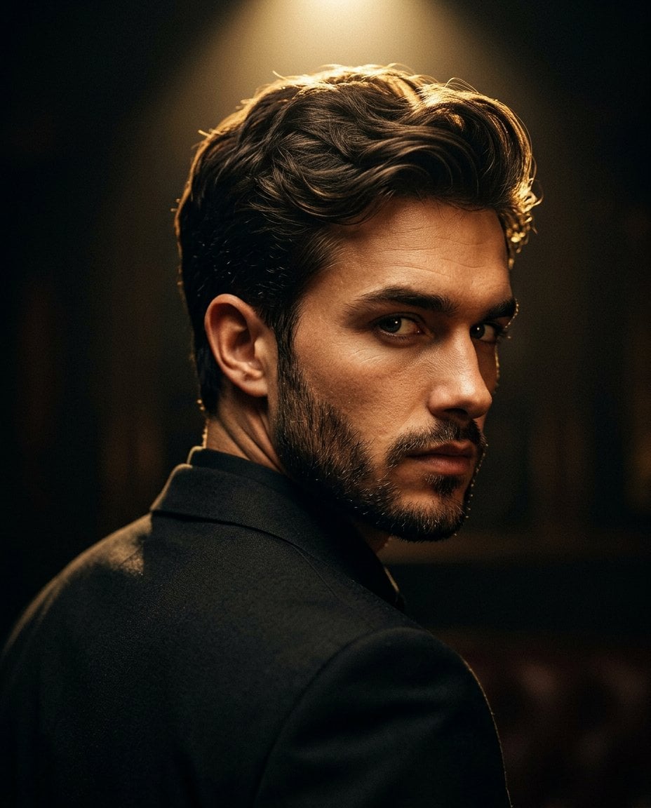Ultra-realistic cinematic portrait of a stylish man in a black suit, captured from behind with his head turne…