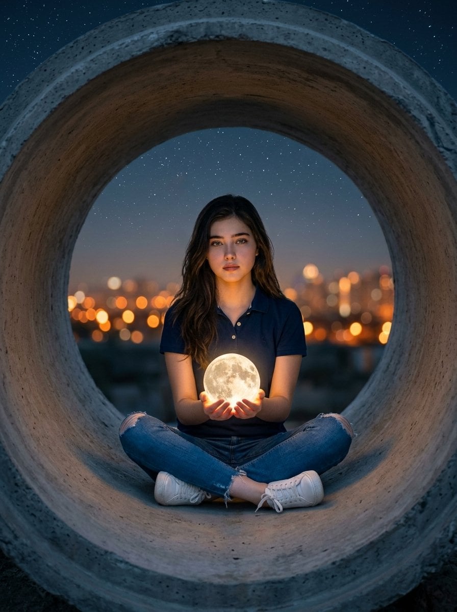 Hyper-realistic surreal photography of a woman sitting inside a massi…