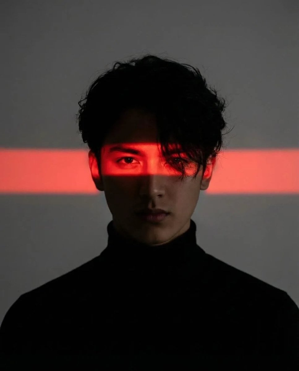 Cinematic studio portrait of a young man with messy textured hair, wearing a black turtleneck, centered compo…
