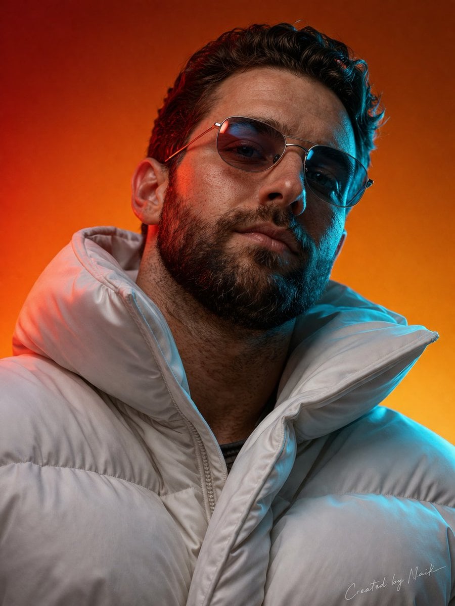 Create an ultra-photorealistic cinematic portrait of a man viewed fro…