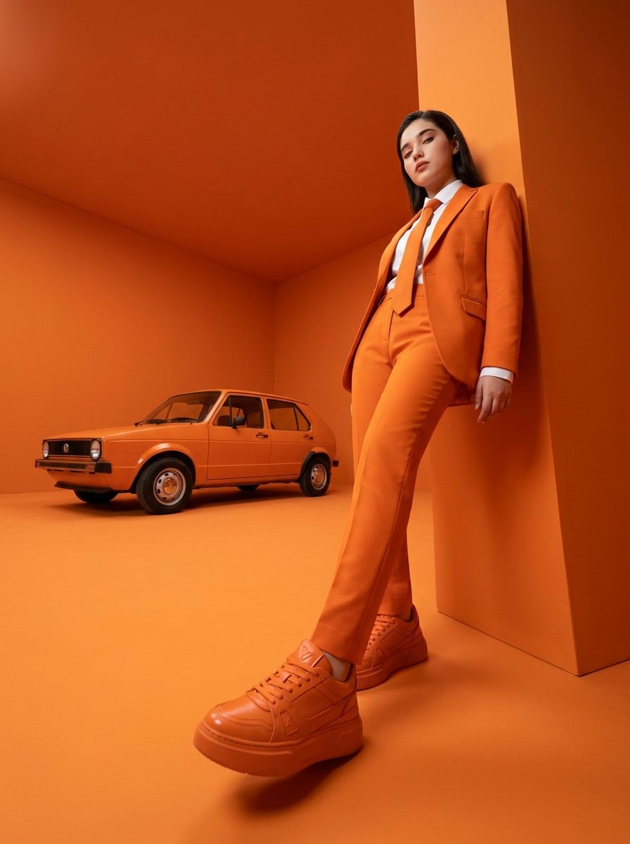 High-fashion editorial photography of a woman with the uploaded face as reference, leaning casually against a…