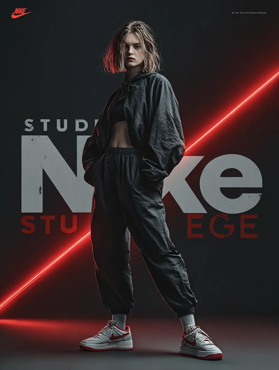 A dynamic fashion advertisement for Nike showing a hyper-realistic mo…
