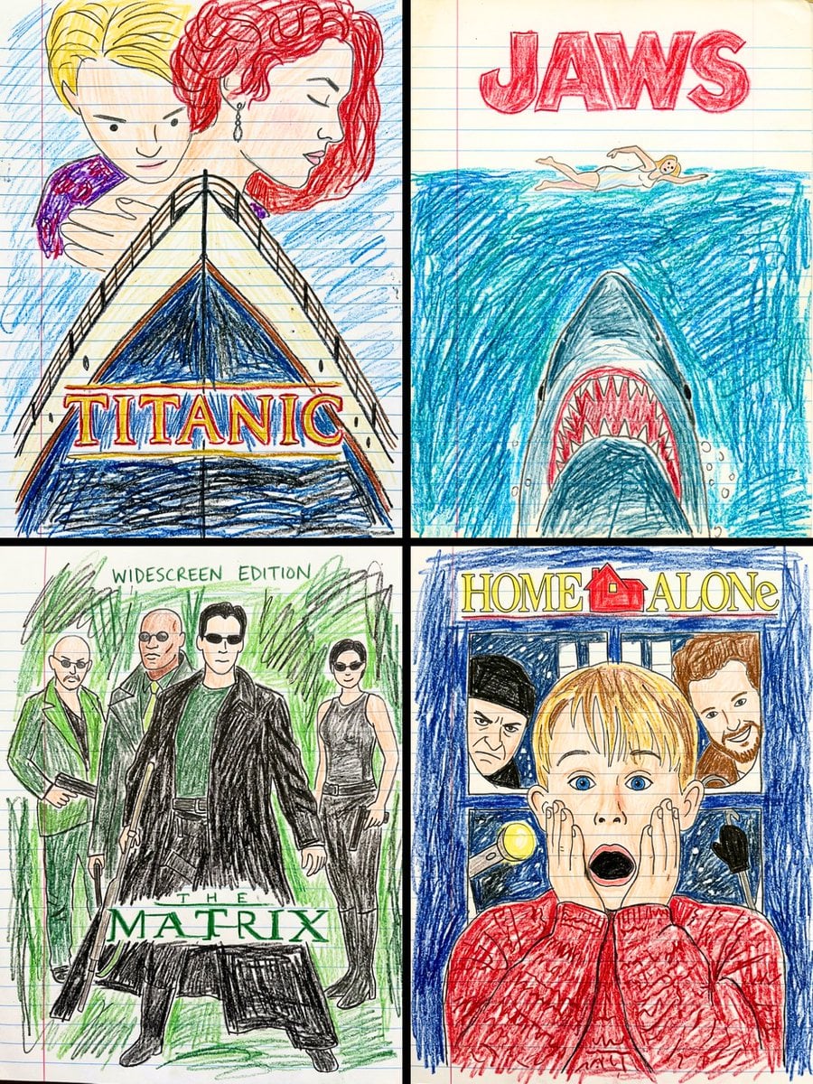 Transform this movie poster into a child’s crayon drawing on lined no…