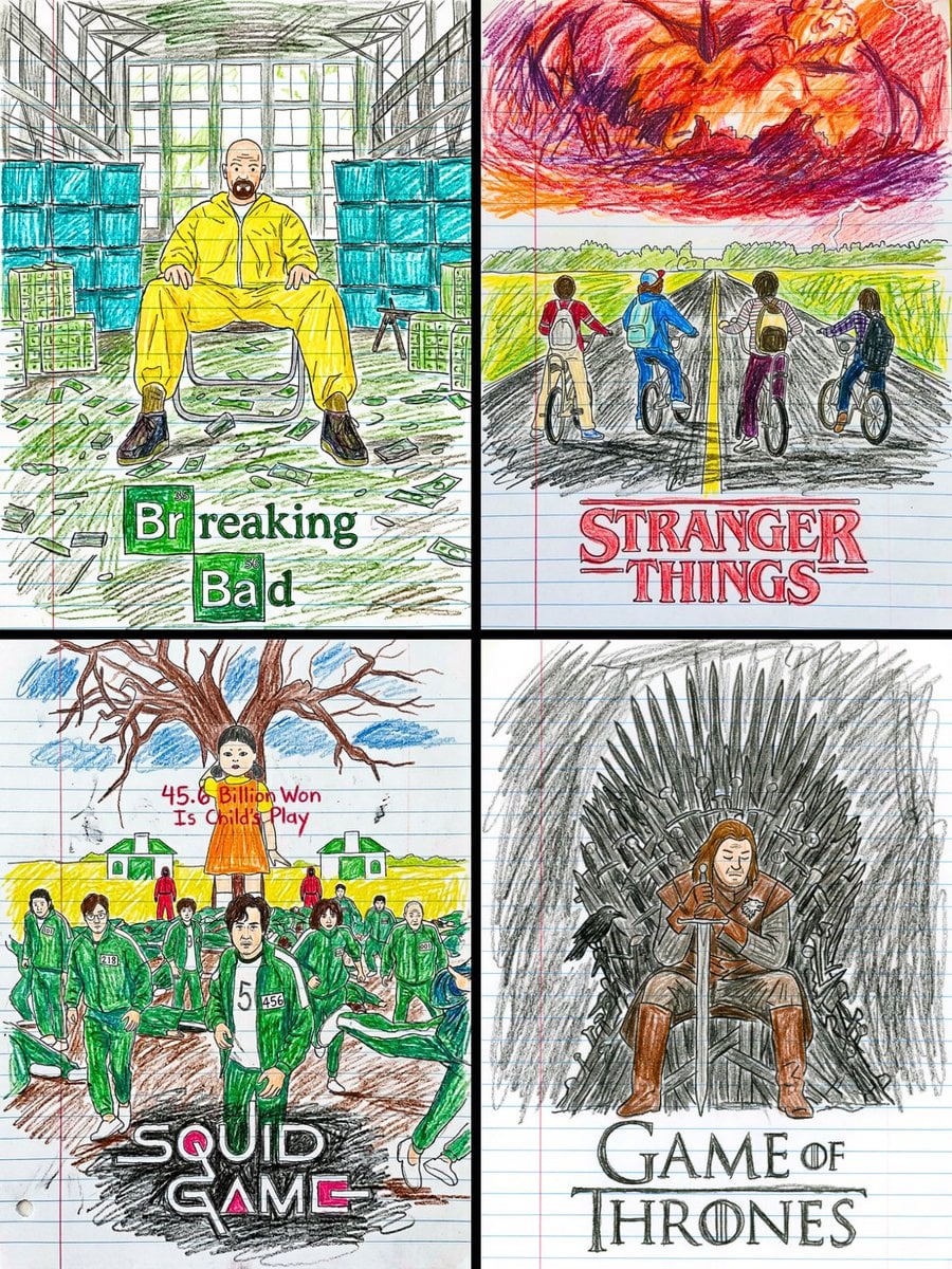 Transform this movie poster into a child’s crayon drawing on lined no…