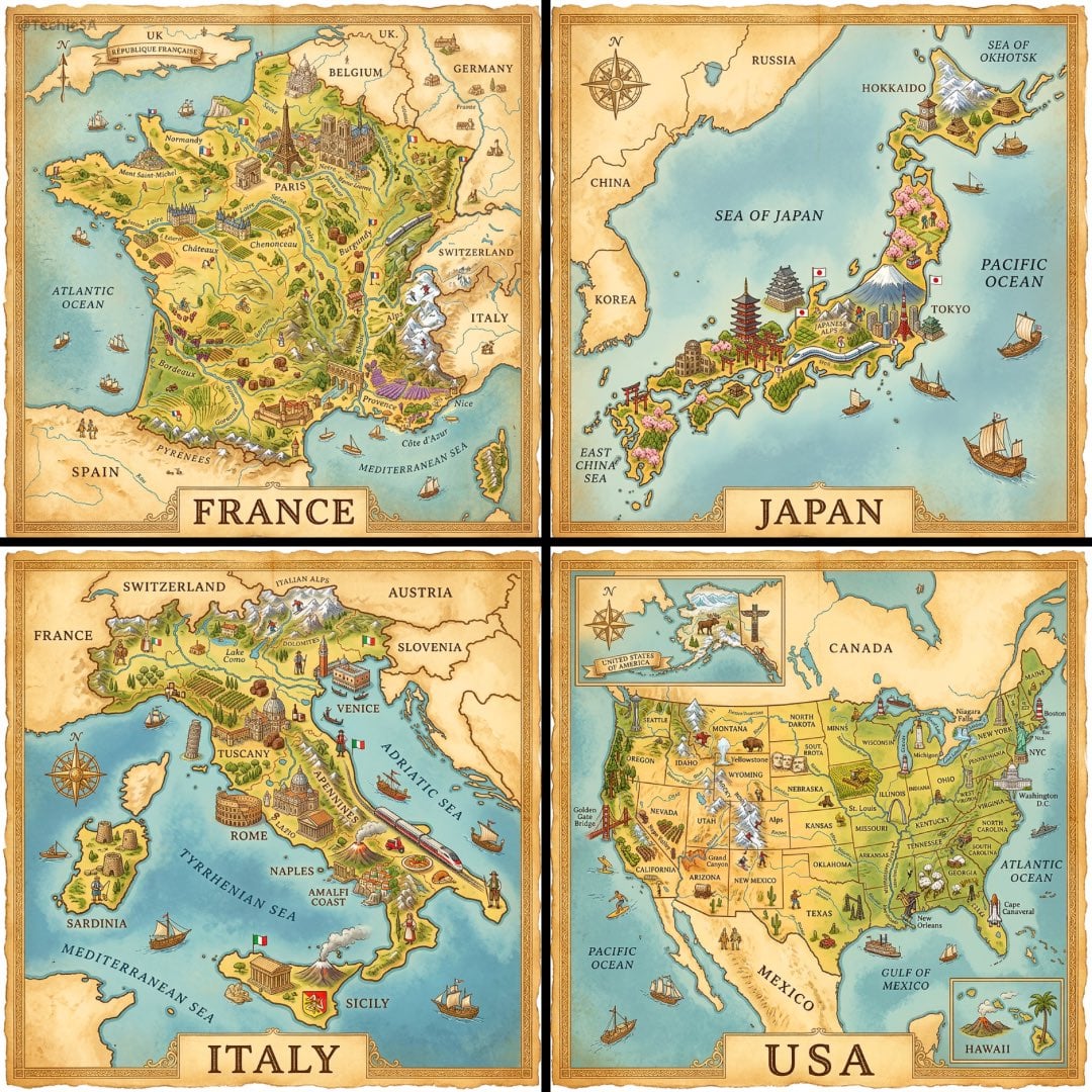 A hand-painted isometric bird’s-eye view illustration of [COUNTRY] in…