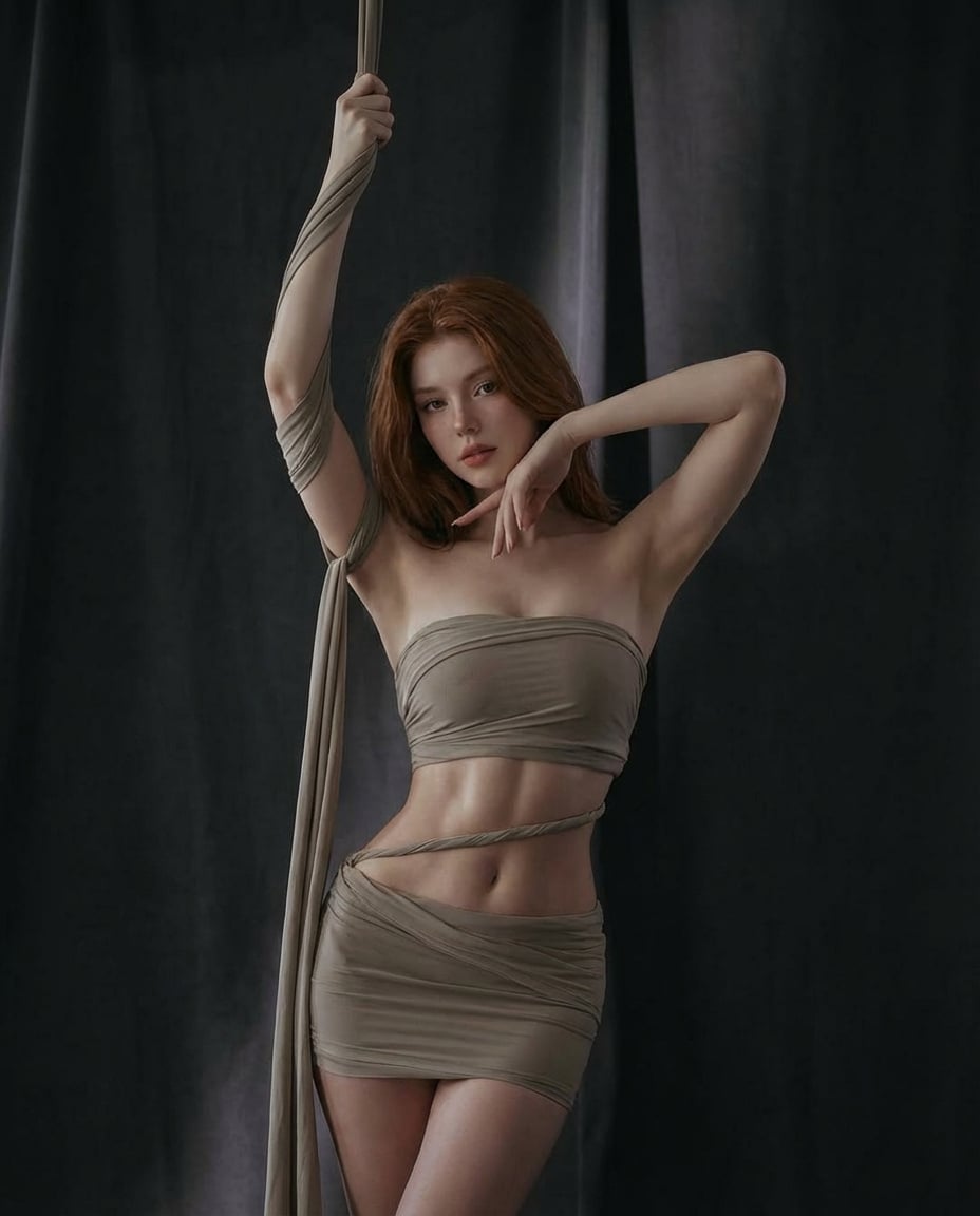 A young woman posing indoors against dark curtains gender female age…