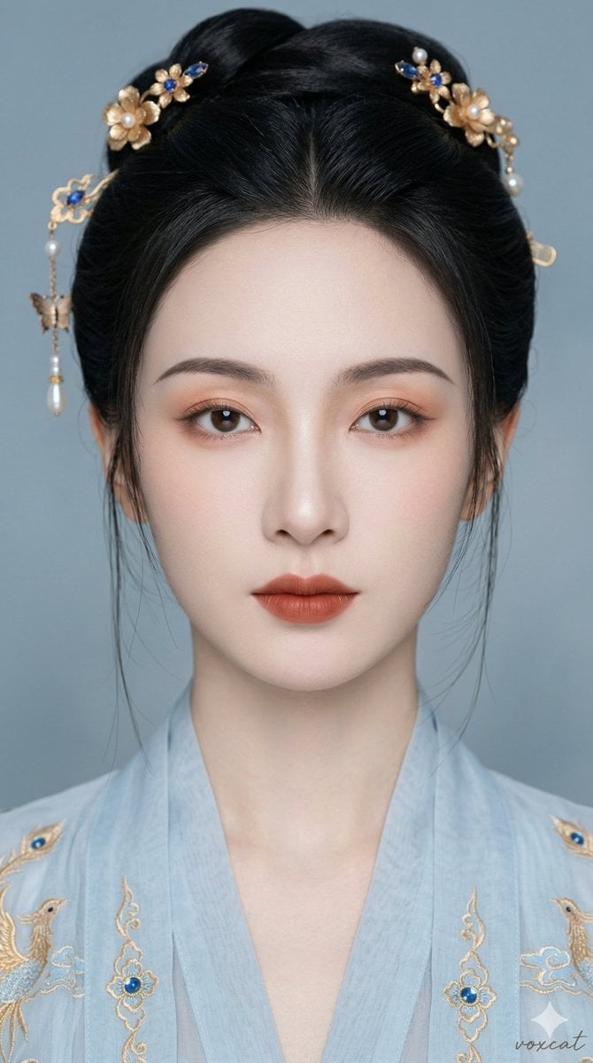 东方古风清雅女性正面肖像，超近景贴脸特写，人物正面面对镜头，头部端正，视线直视镜头，脸部几乎充满画面，构图集中，双眼位于视觉中心，整体呈现…
