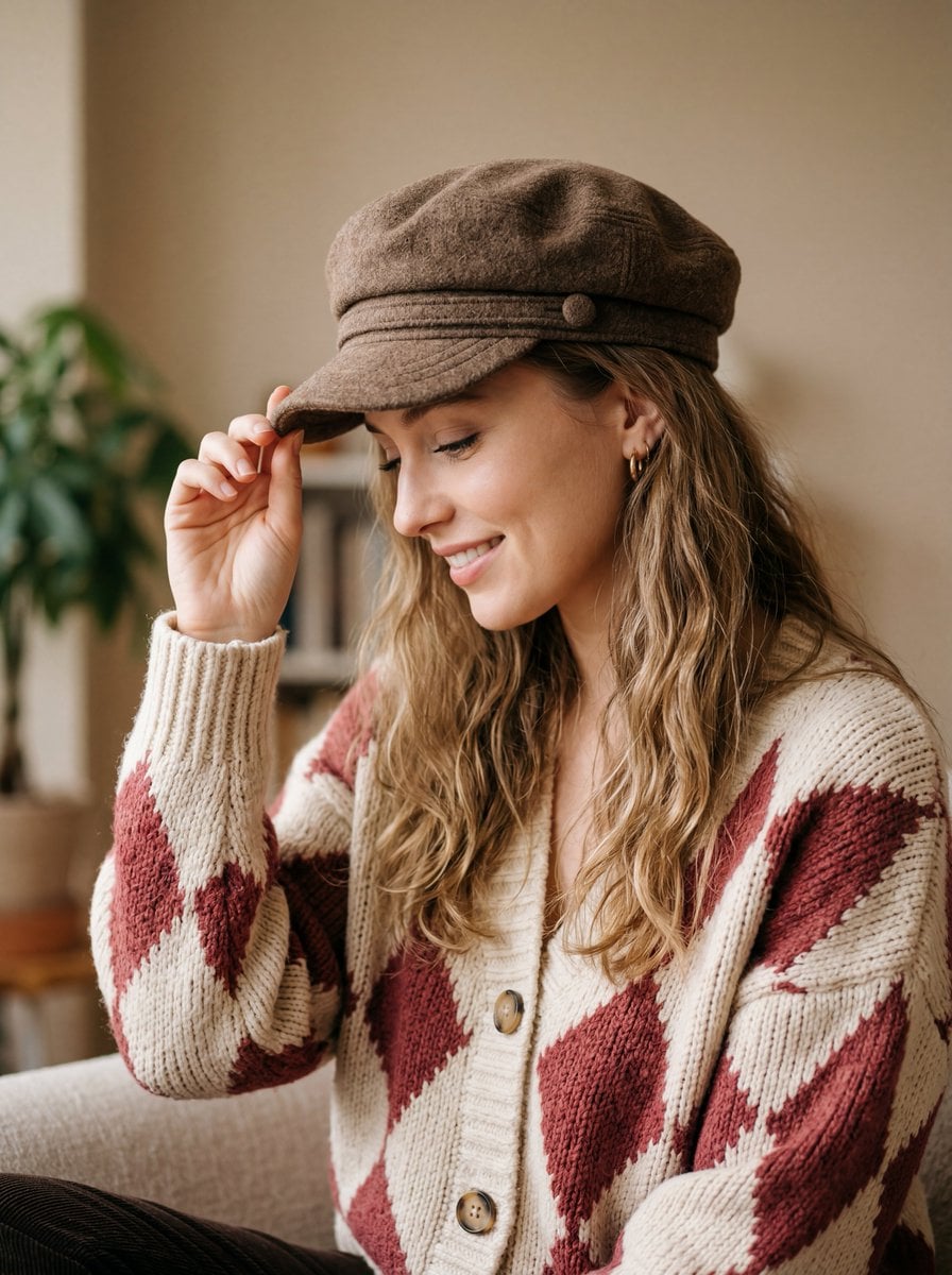A warm, cozy, and high-quality portrait of a young woman with long, w…