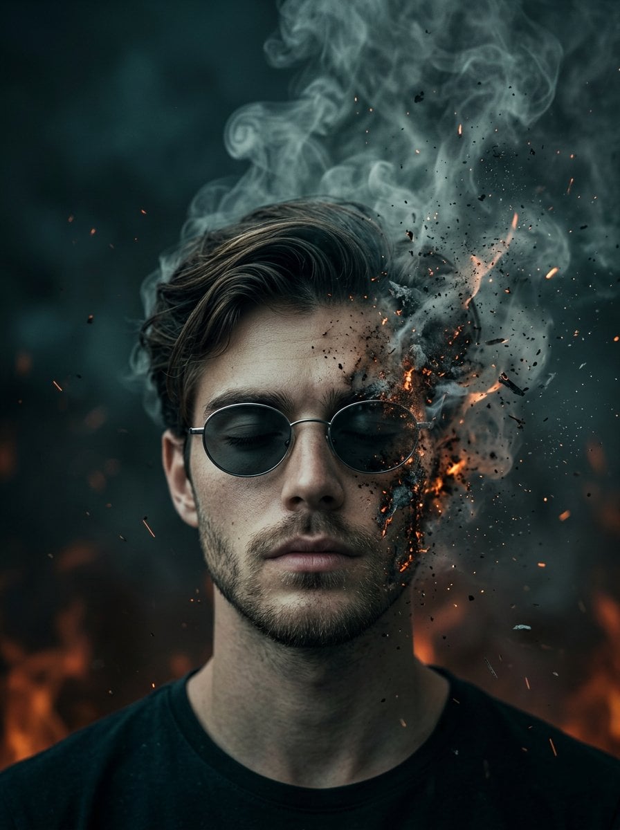 A surreal cinematic portrait of a young man with oval sunglasses, eyes closed, calm expression, standing agai…