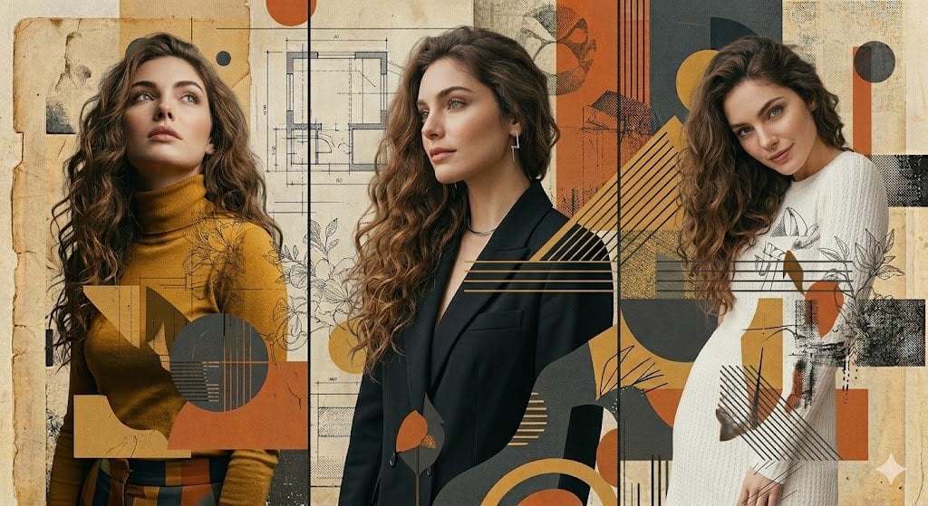 A high-resolution, photorealistic three-panel composition featuring a woman with long, voluminous wavy brown…