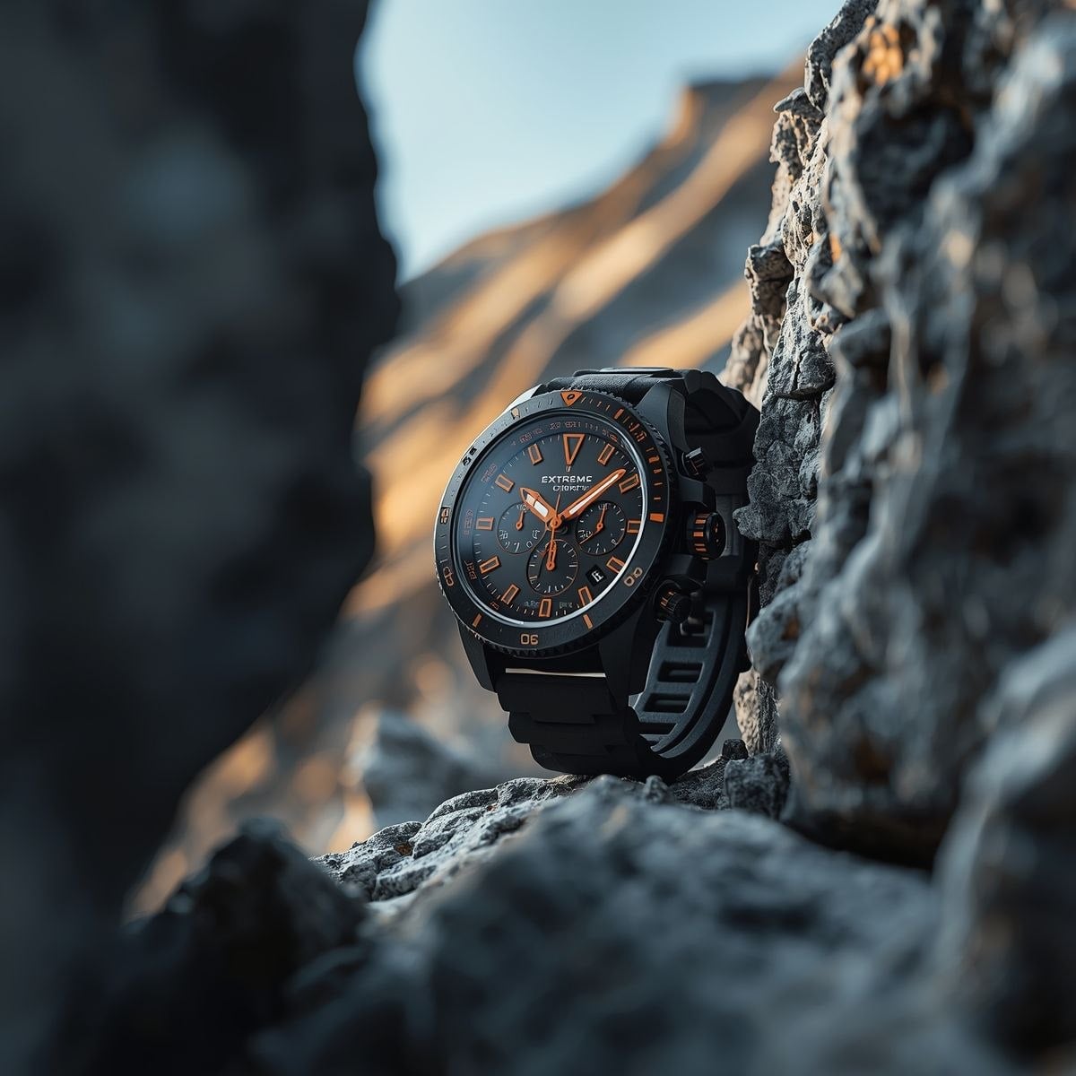 A rugged, matte-black chronograph watch with bold orange accents is t…