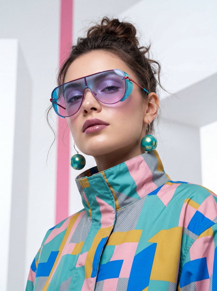A high-fashion, cinematic portrait of a young woman with a sharp, mod…