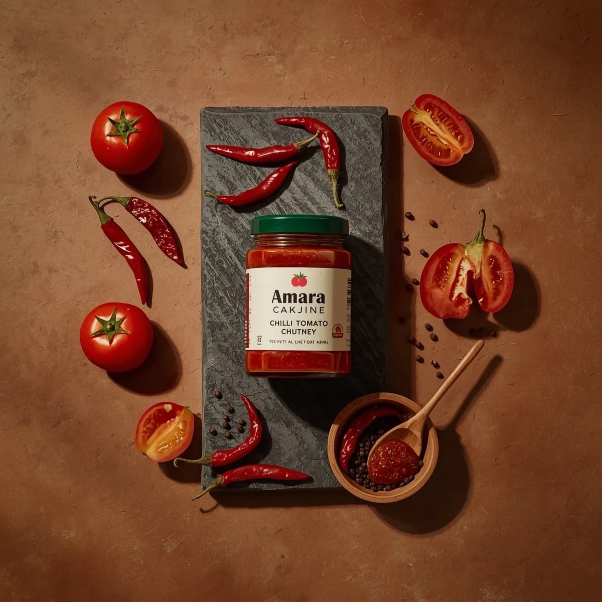 Top-down premium food photography of a glass jar of chili tomato chut…
