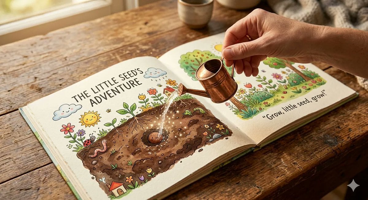 An open children’s picture book rests on a wooden table showing a whi…