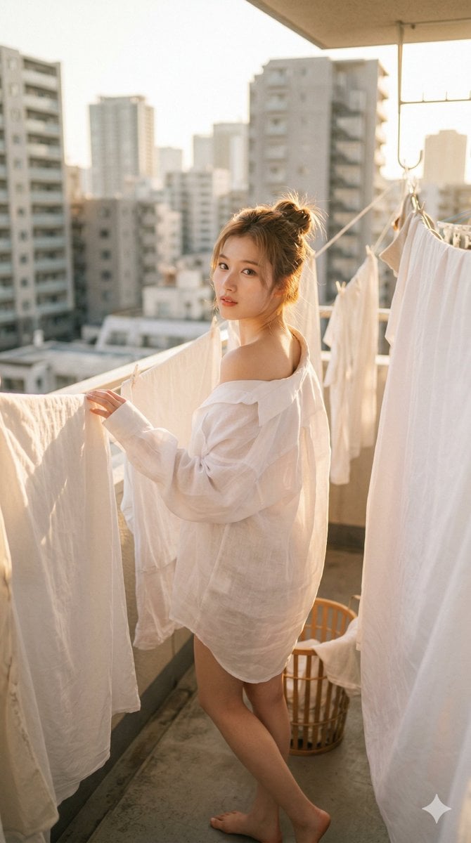 raw prompt K-pop idol Sana (TWICE) posing on a sunlit balcony among h…