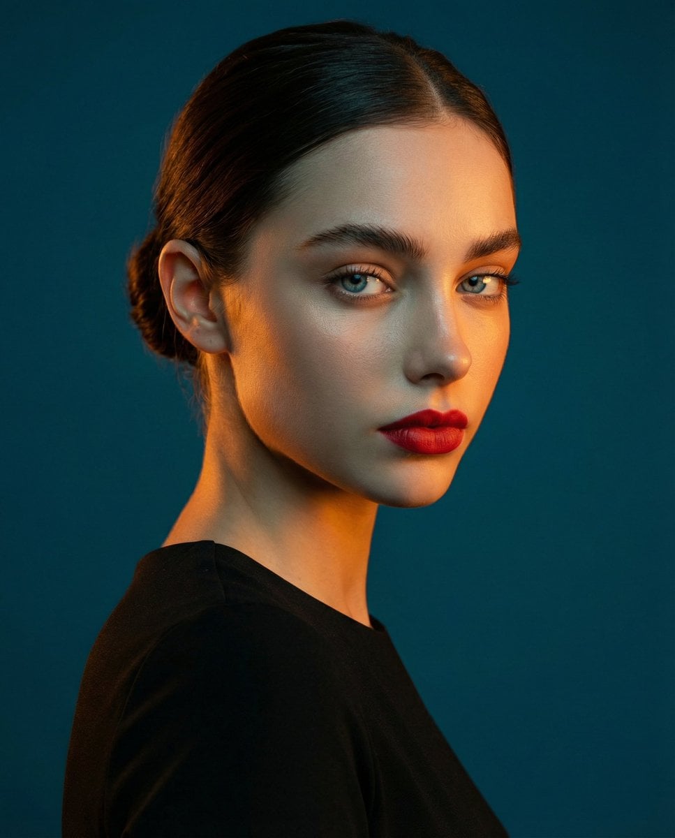 A studio portrait, medium shot of a woman. High-contrast lighting: warm orange-golden light on her face and s…