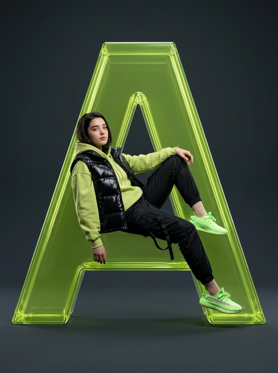 Full-body studio fashion portrait of a female subject with uploaded f…