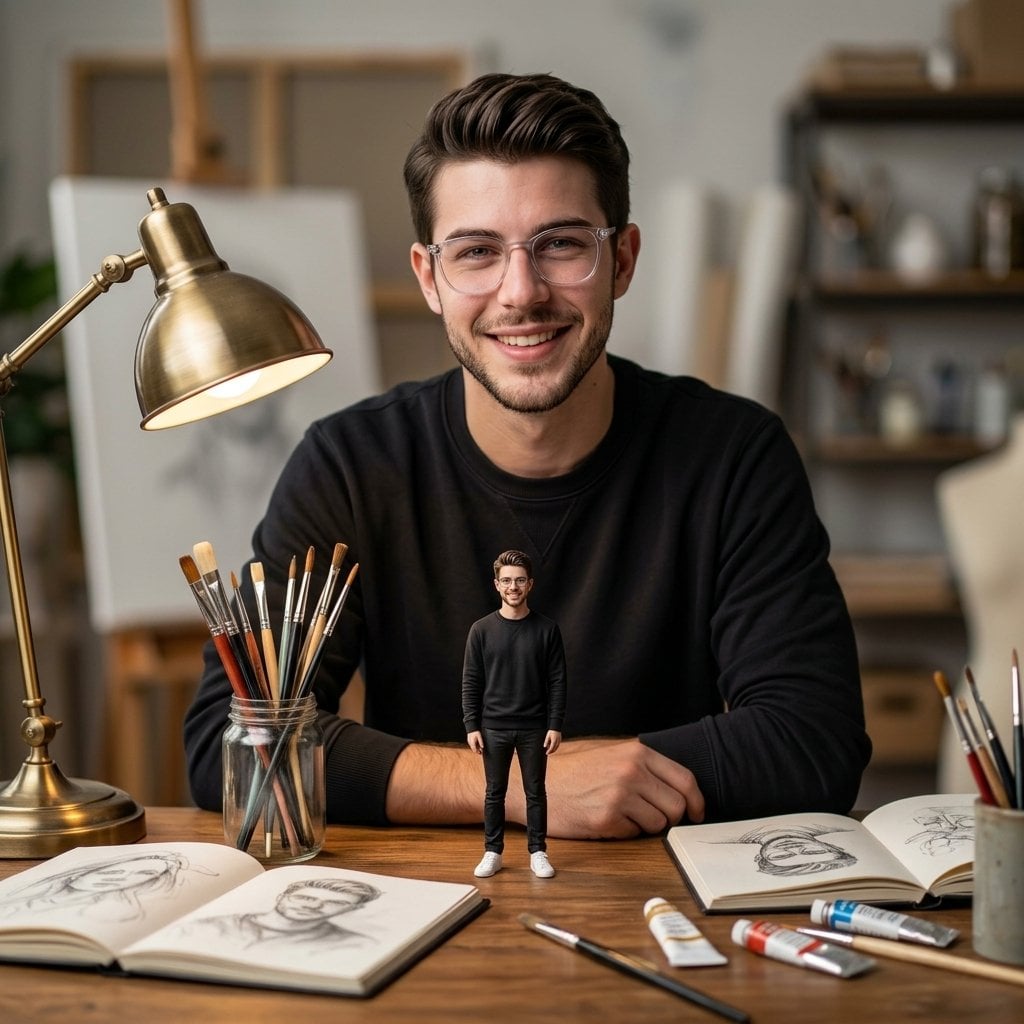Ultra-realistic cinematic portrait of a young man sitting at a wooden…