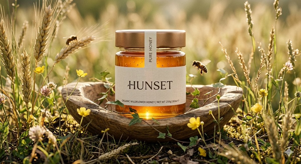Ultra-realistic cinematic product shot of a premium honey jar placed…
