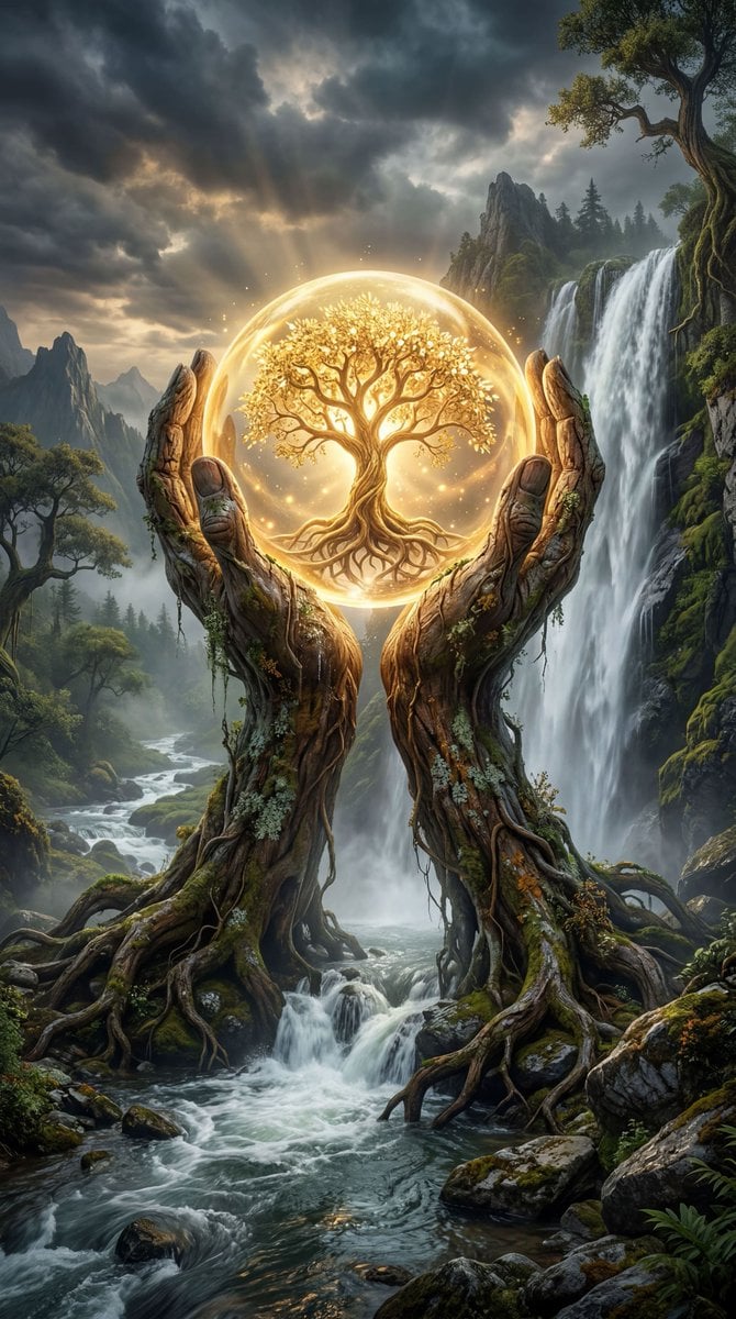 A majestic, ancient gnarled tree with thick, twisting roots sits at t…