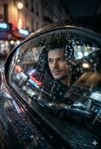 A low-angle, cinematic close-up shot looking through a rain-slicked c…