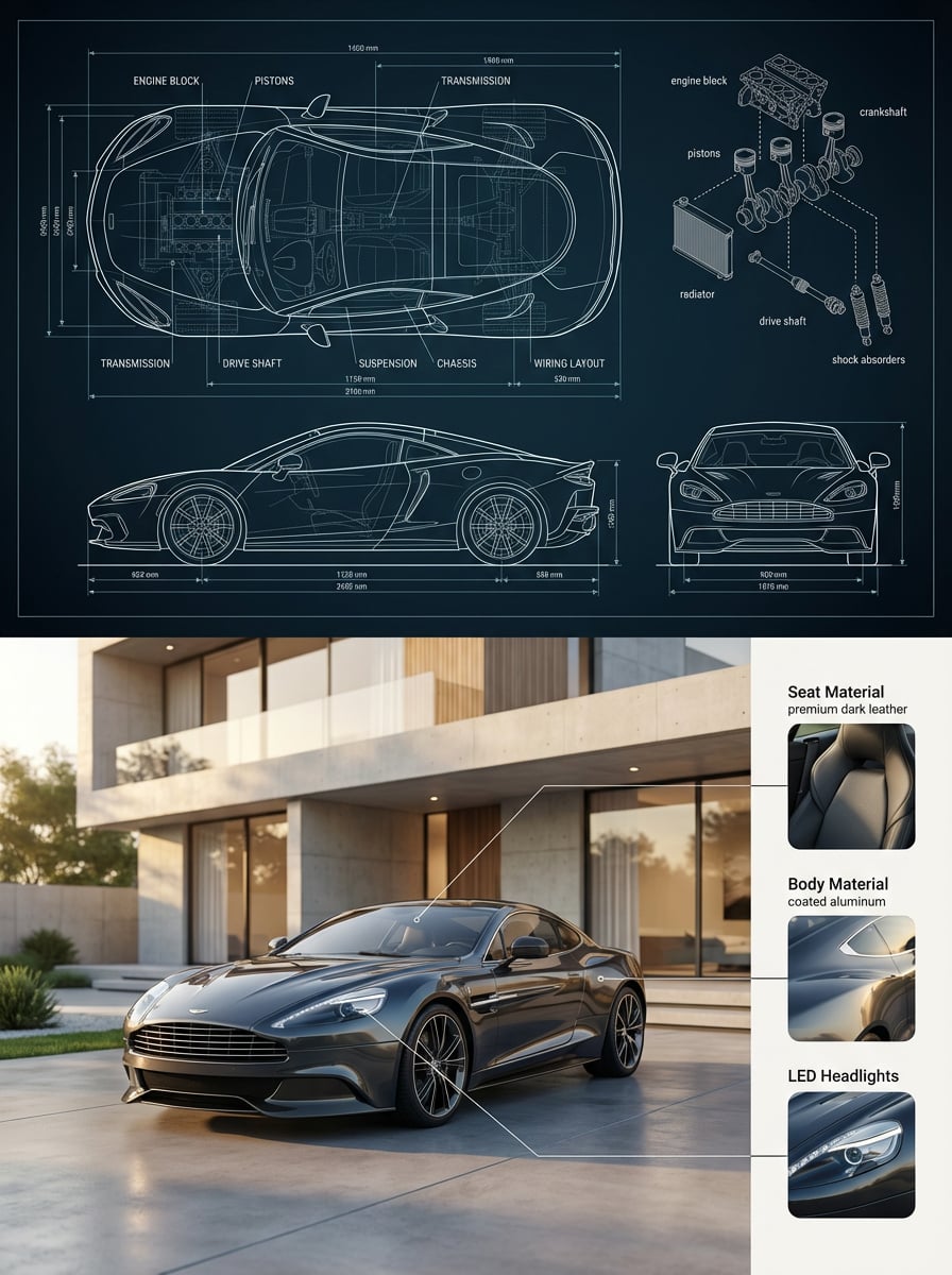 objective Create a premium split showing a detailed automotive blueprint (top) and a perfectly matching real-…