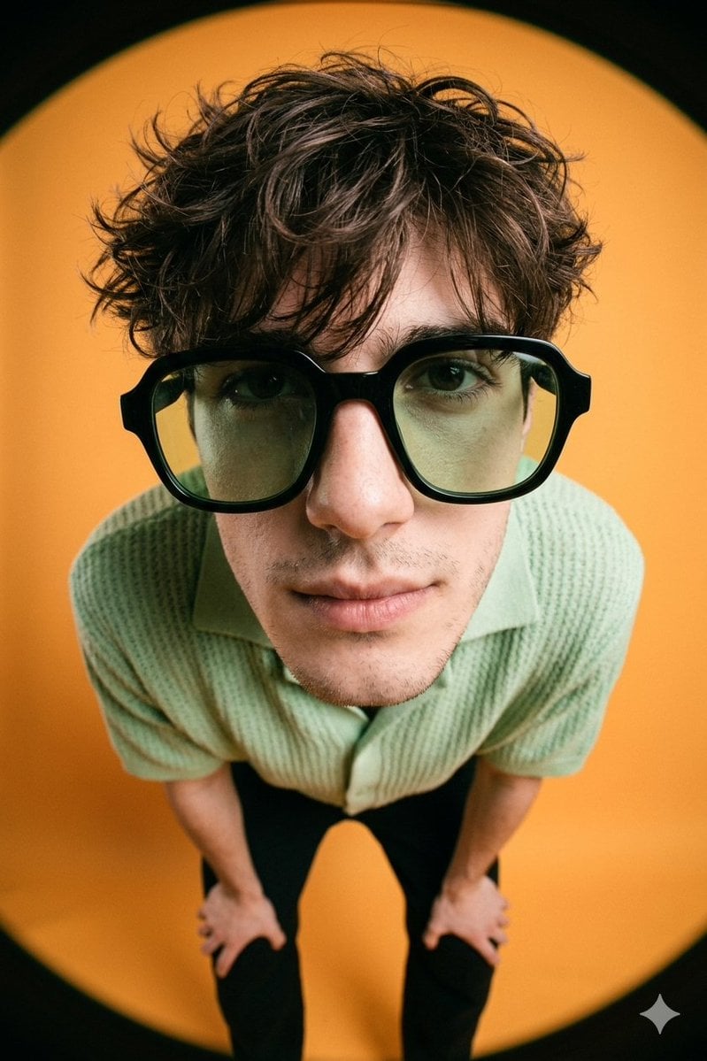 Create a A high-fashion editorial image of a young man, of the person…