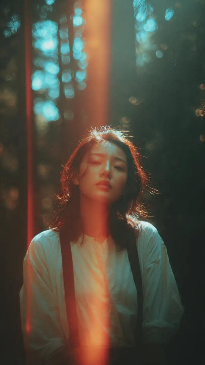 A cinematic portrait of an Asian woman standing in a quiet forest, captured in a spontaneous moment as she tu…