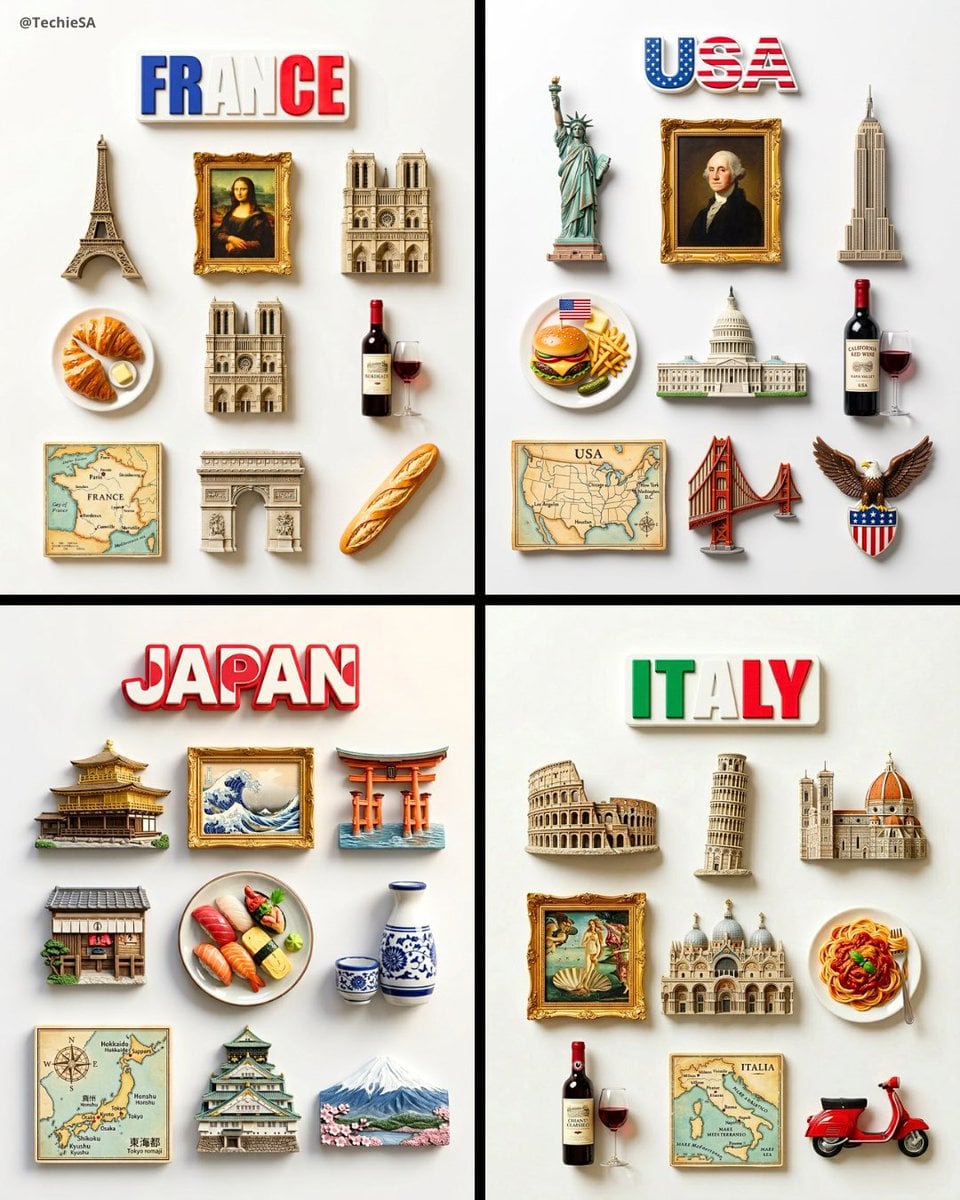A flat-lay collection of exactly 9 hyper-realistic 3D resin fridge magnets arranged on a plain matte white su…