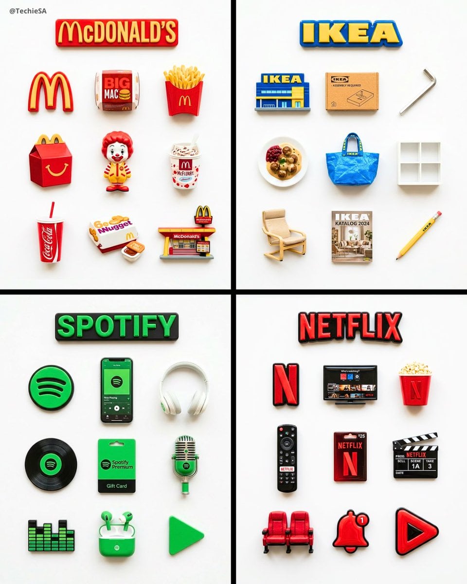 A flat-lay collection of exactly 9 hyper-realistic 3D resin fridge magnets arranged on a bright pure white su…