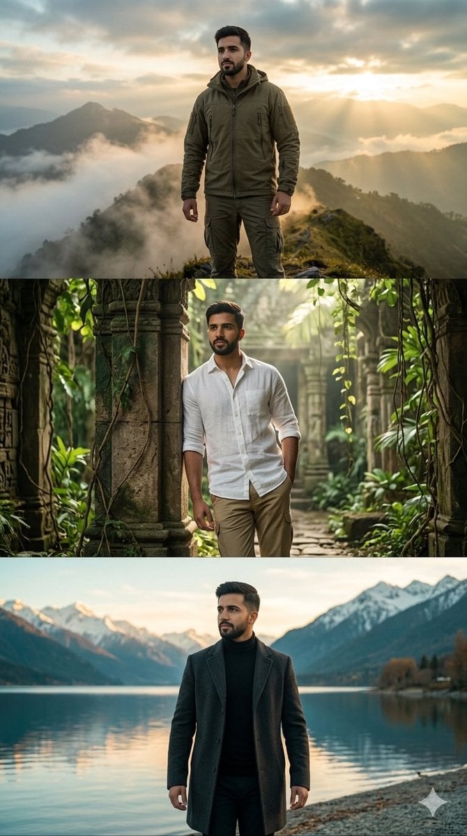 Create a hyper-realistic three-panel vertical cinematic collage in 9:…