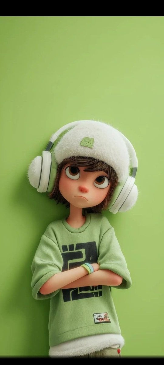 A stylized 3D cartoon character of a young boy with big expressive eyes and a slightly sad, pouty expression,…