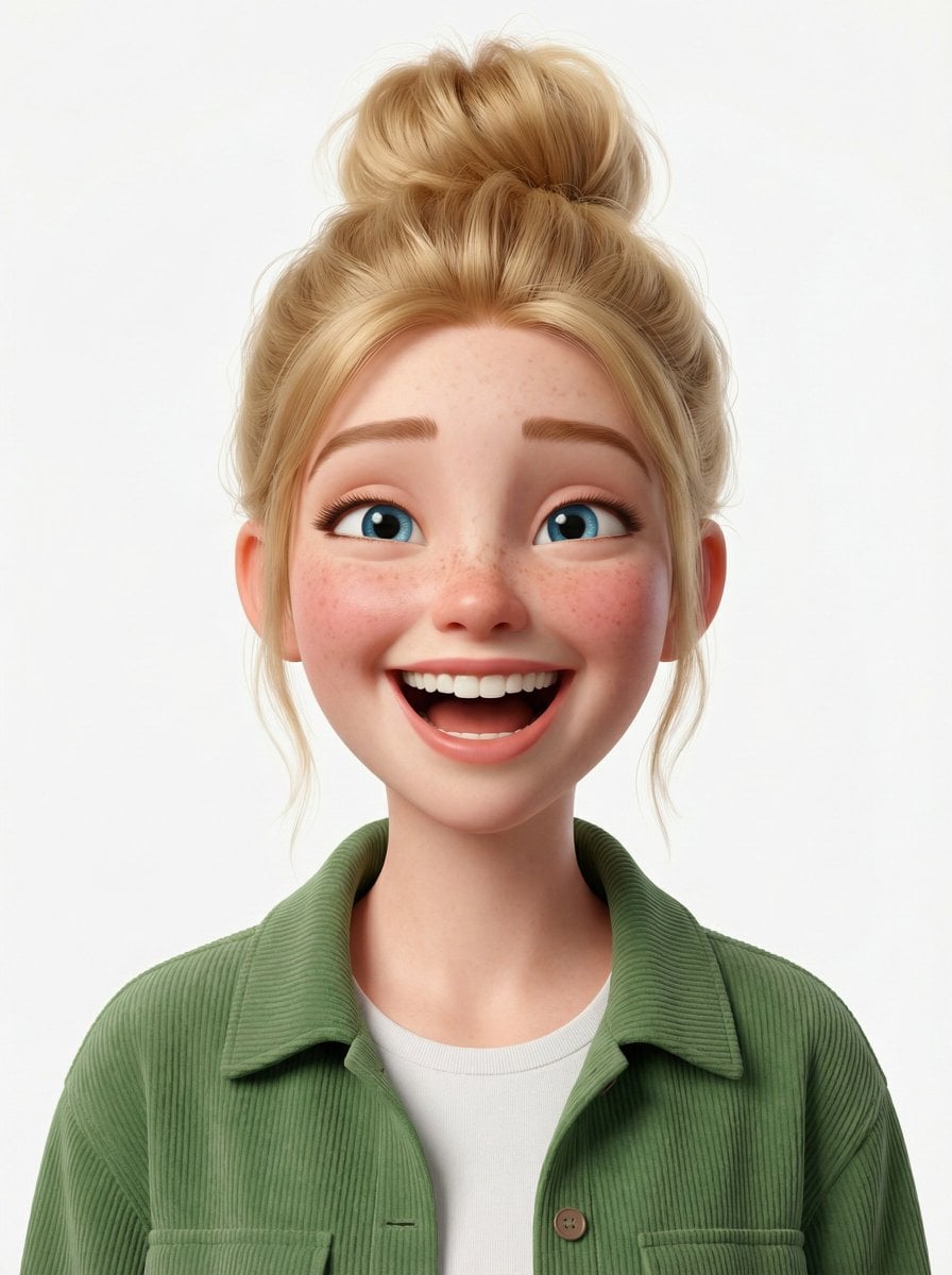 Create a head-and-shoulders Pixar-style 3D avatar of an edgy person based on the reference image with a black…