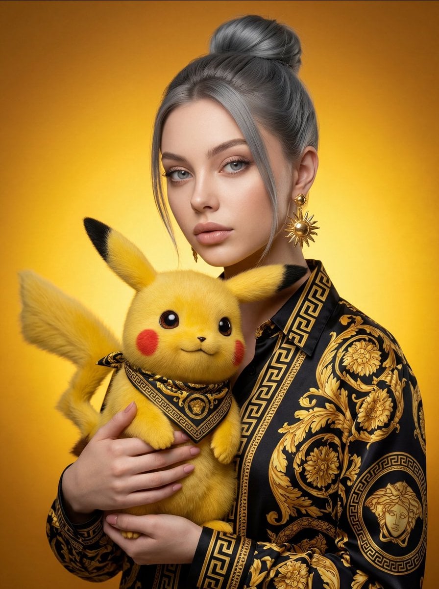 A high-fidelity, high-fashion studio photograph featuring a young wom…
