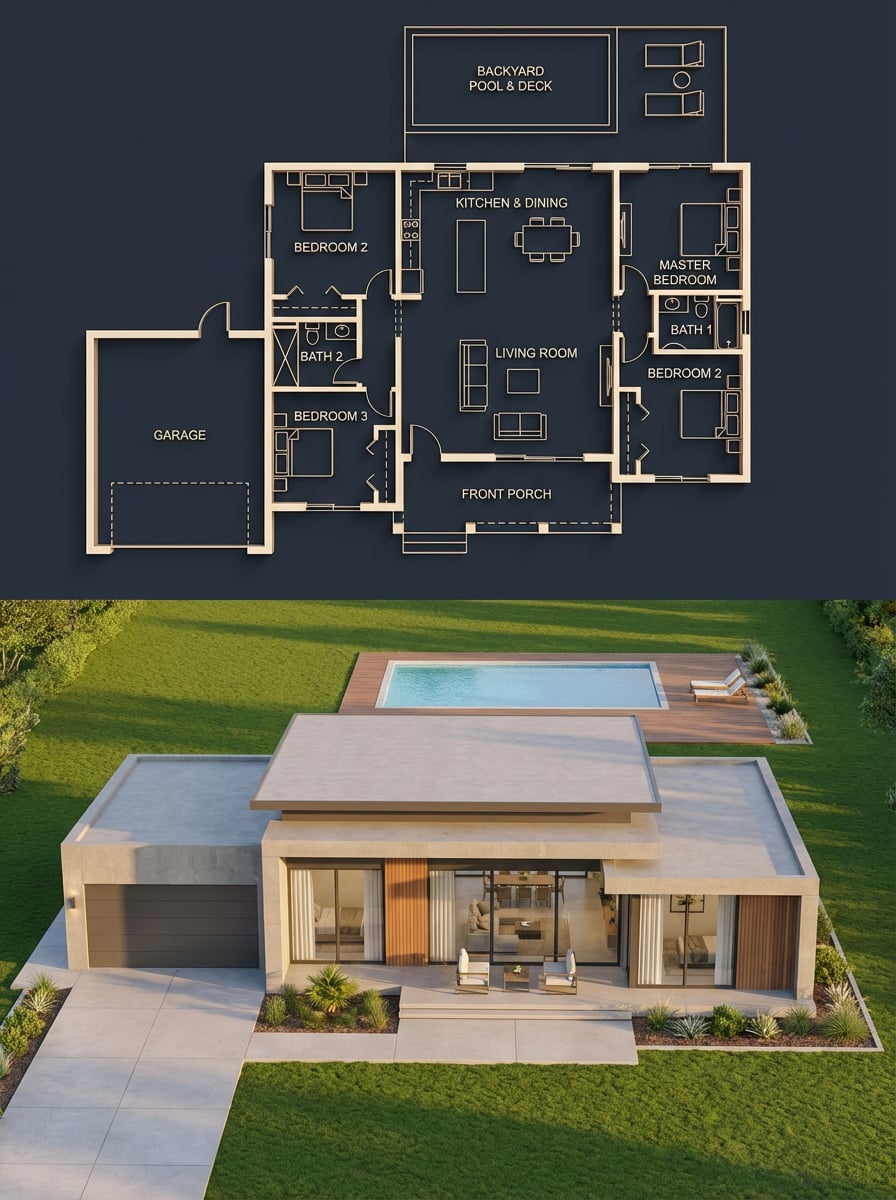 objective Create a split architectural visualization where the top is…